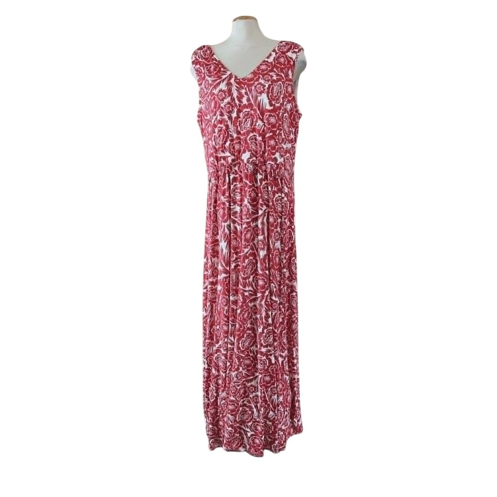 Long Tall Sally Red White Floral V-Neck Maxi Dress Sleeveless Elastic Waist 16